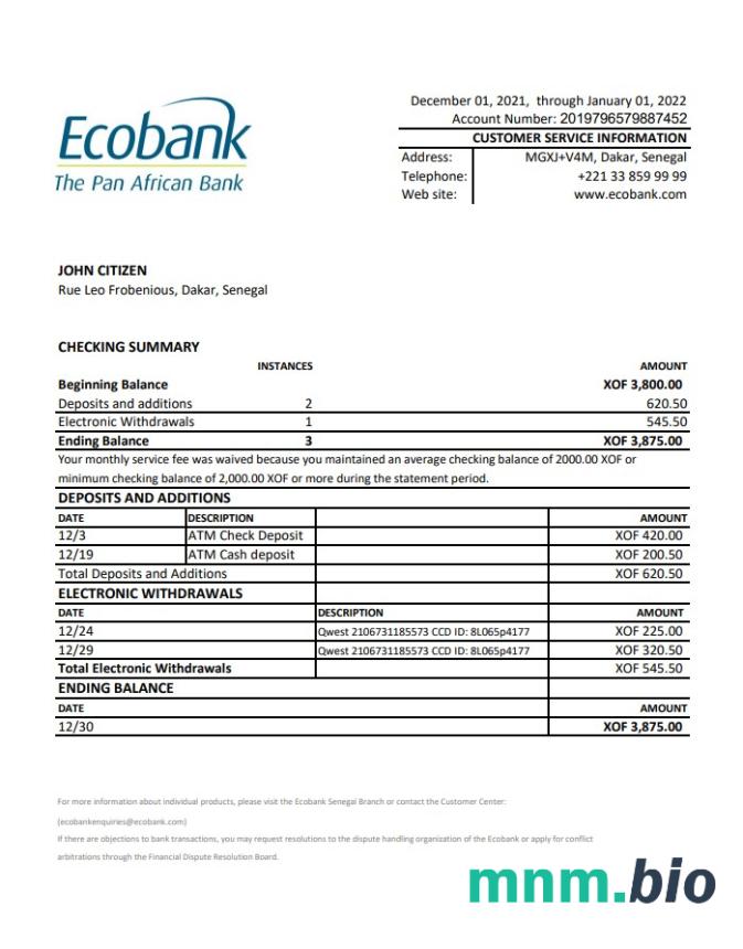 Senegal Banque Atlantique szablon w formacie excel pdf